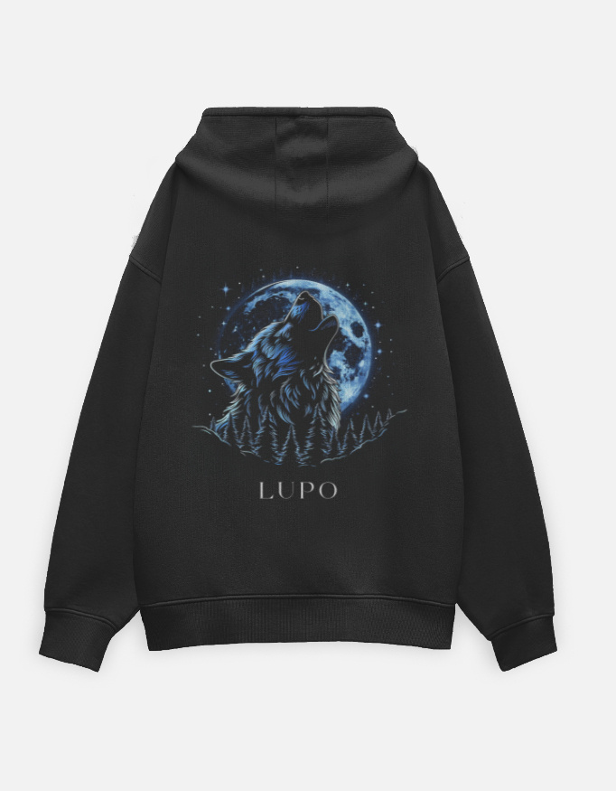 Lupo Moonlit Wolf Oversized Hoodie – Unisex Night Wolf Graphic Hoodie